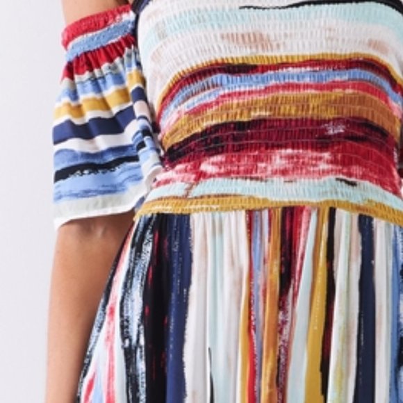 Stripe Print Off-The-Shoulder Puff Sleeve Smock La - Picture 4 of 4